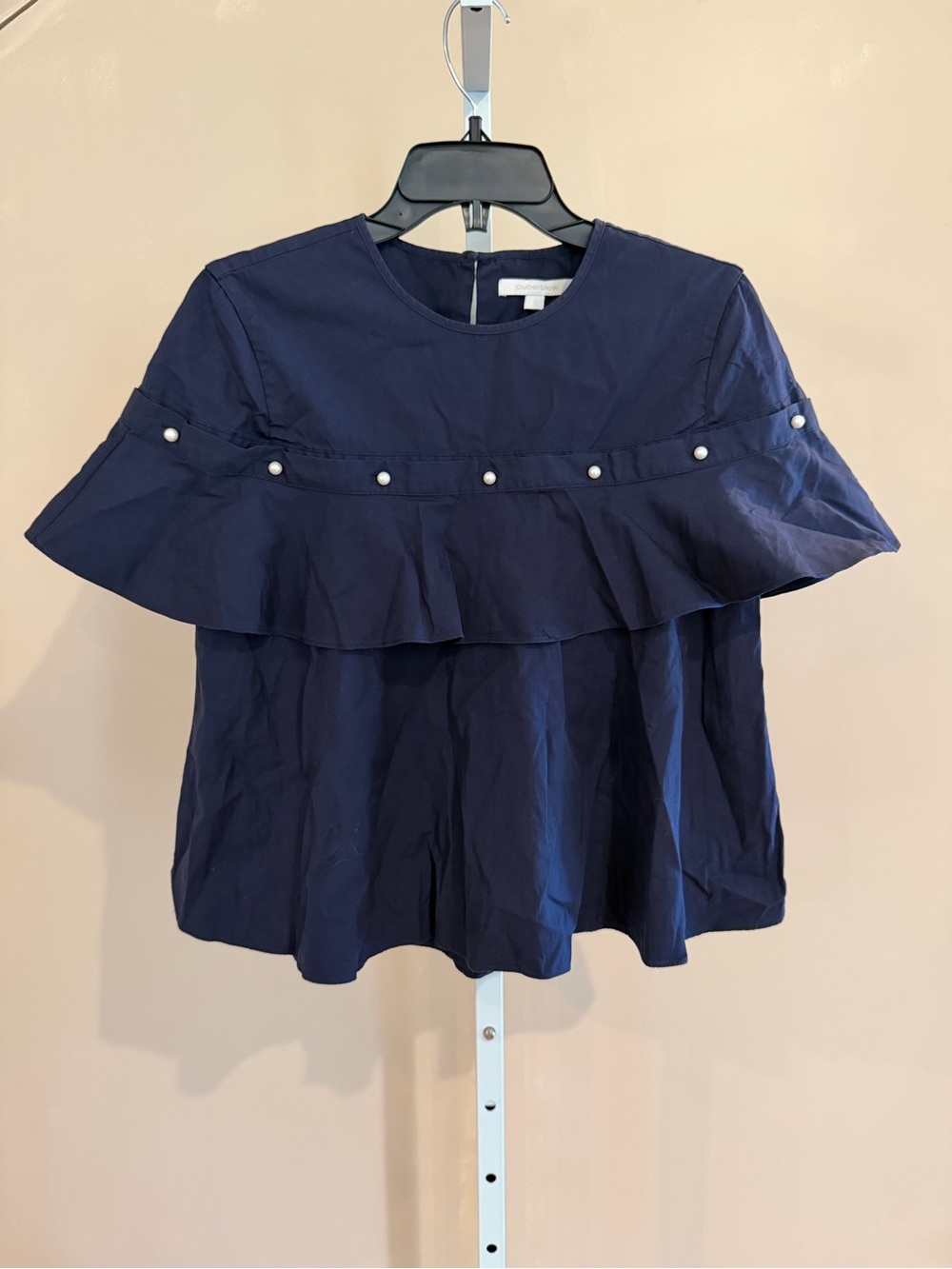 Jonathan Simkhai Navy Ruffle Pearl-Trim Blouse (S) NWOT